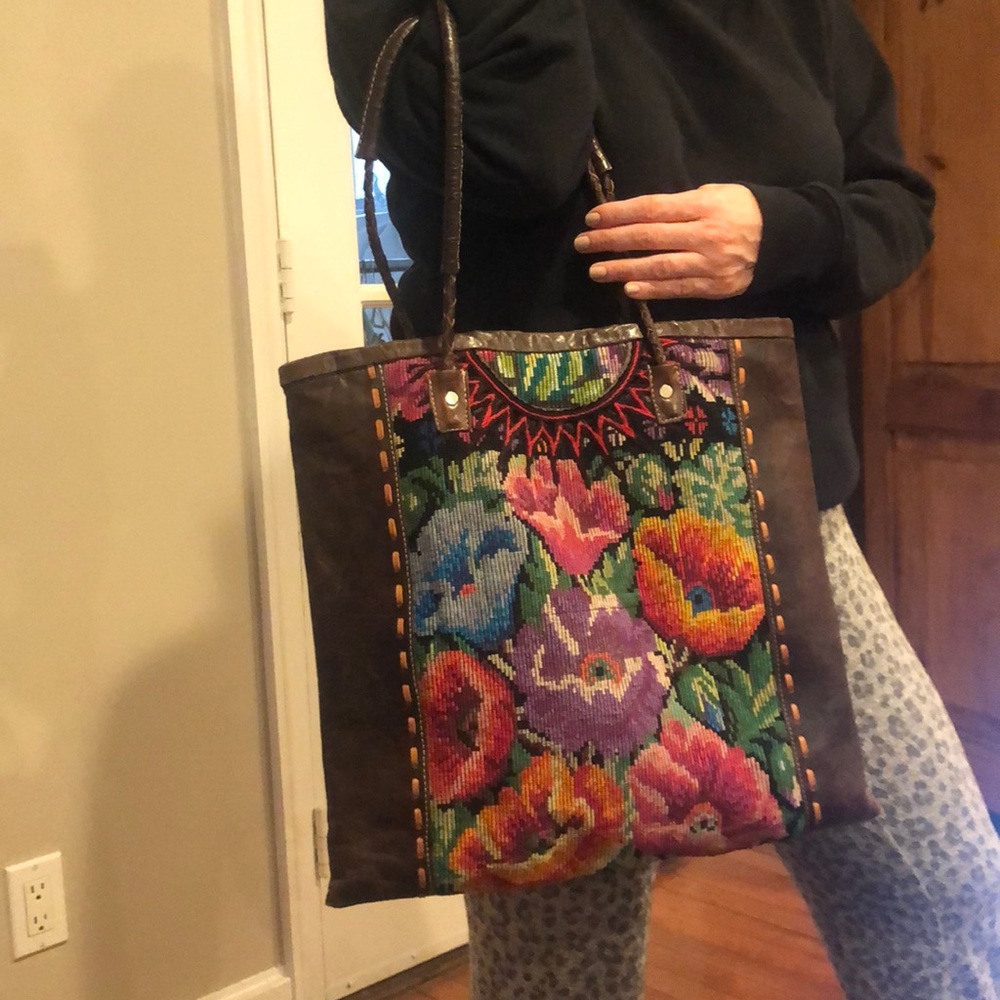 Dark brown leather and floral fabric tote